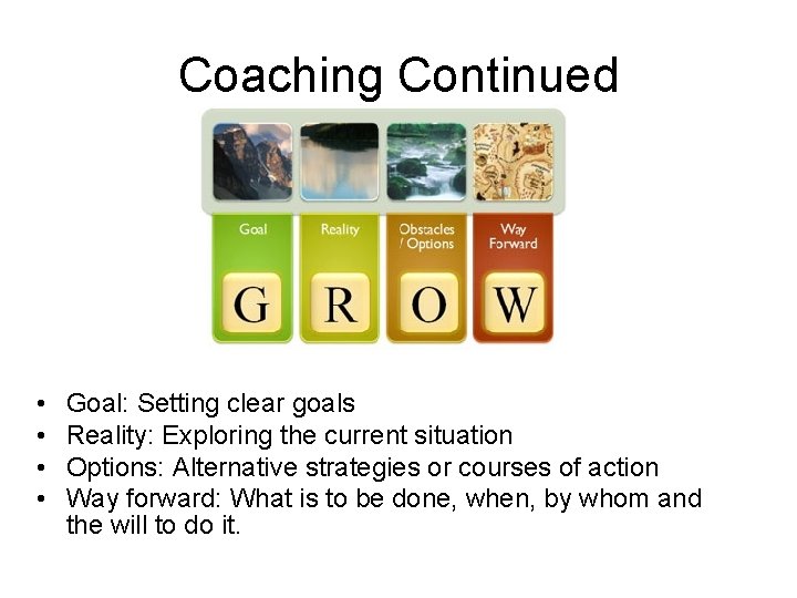 Coaching Continued • • Goal: Setting clear goals Reality: Exploring the current situation Options: