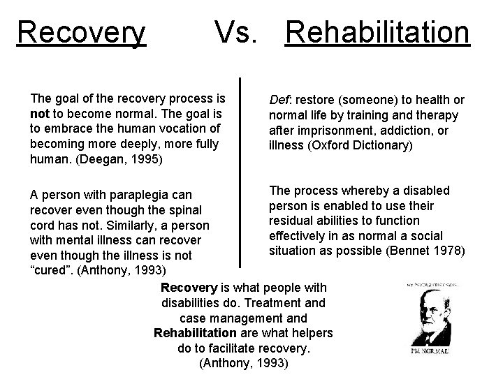 Recovery Vs. Rehabilitation The goal of the recovery process is not to become normal.