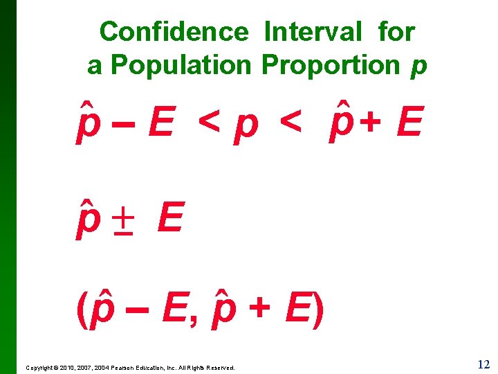 Confidence Interval for a Population Proportion p ˆ – E < pˆ + E