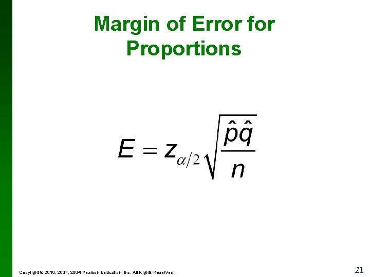 Margin of Error for Proportions Copyright © 2010, 2007, 2004 Pearson Education, Inc. All