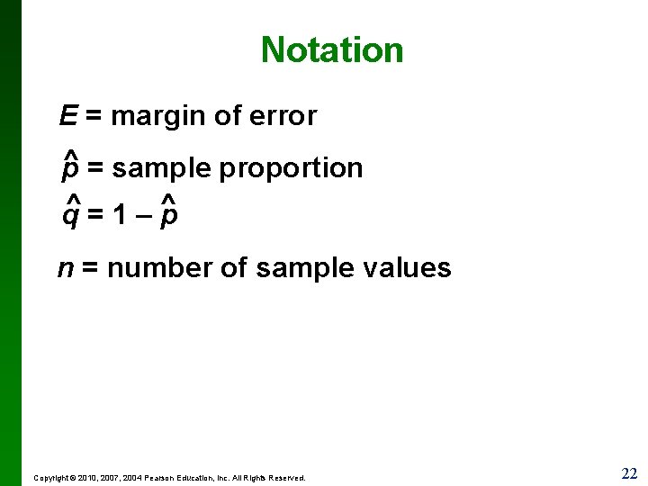 Notation E = margin of error ^ = sample proportion p q^ = 1