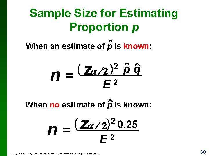 Sample Size for Estimating Proportion p ˆ When an estimate of p is known: