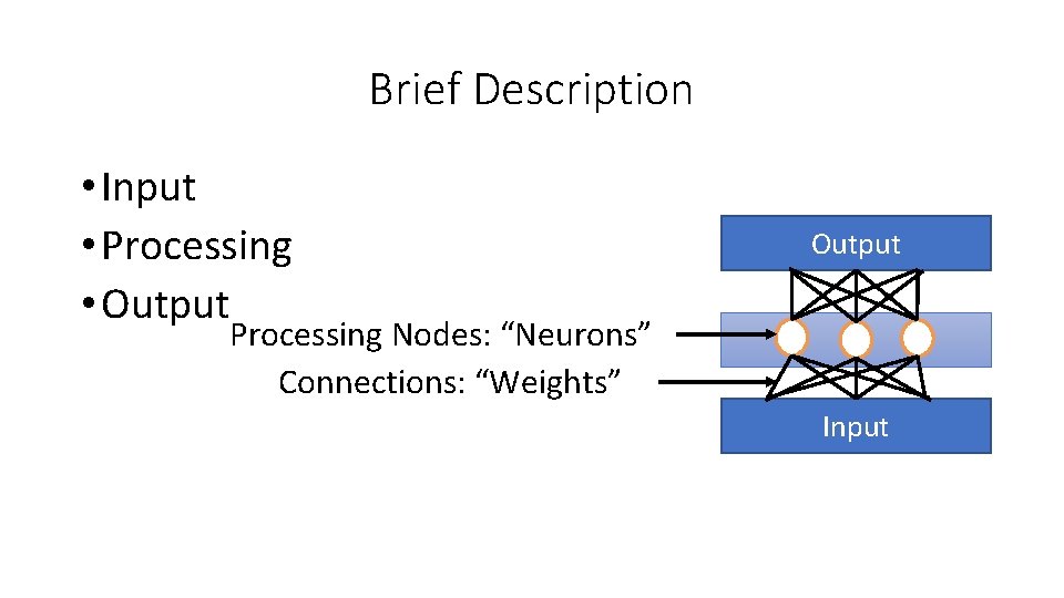 Brief Description • Input • Processing • Output Processing Nodes: “Neurons” Connections: “Weights” Input Brief Description • Input • Processing • Output Processing Nodes: “Neurons” Connections: “Weights” Input