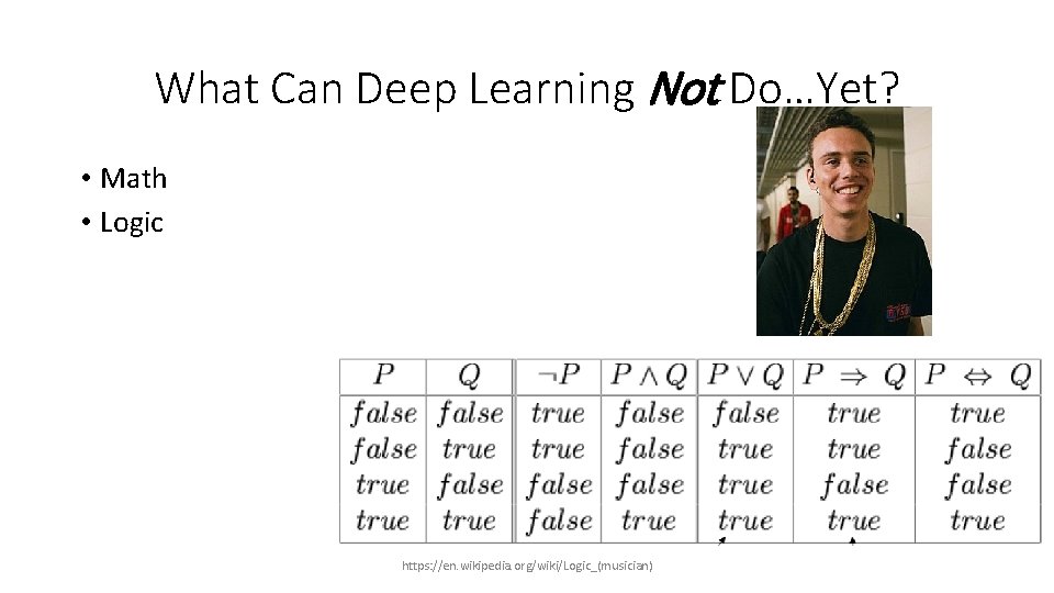 What Can Deep Learning Not Do…Yet? • Math • Logic https: //en. wikipedia. org/wiki/Logic_(musician) What Can Deep Learning Not Do…Yet? • Math • Logic https: //en. wikipedia. org/wiki/Logic_(musician)
