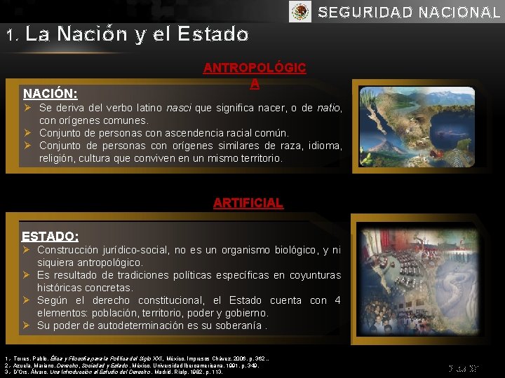 SEGURIDAD NACIONAL 1. La Nación y el Estado NACIÓN: ANTROPOLÓGIC A Ø Se deriva