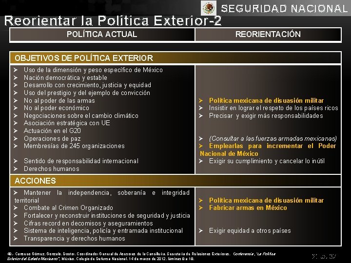 SEGURIDAD NACIONAL Reorientar la Política Exterior-2 POLÍTICA ACTUAL REORIENTACIÓN OBJETIVOS DE POLÍTICA EXTERIOR Ø