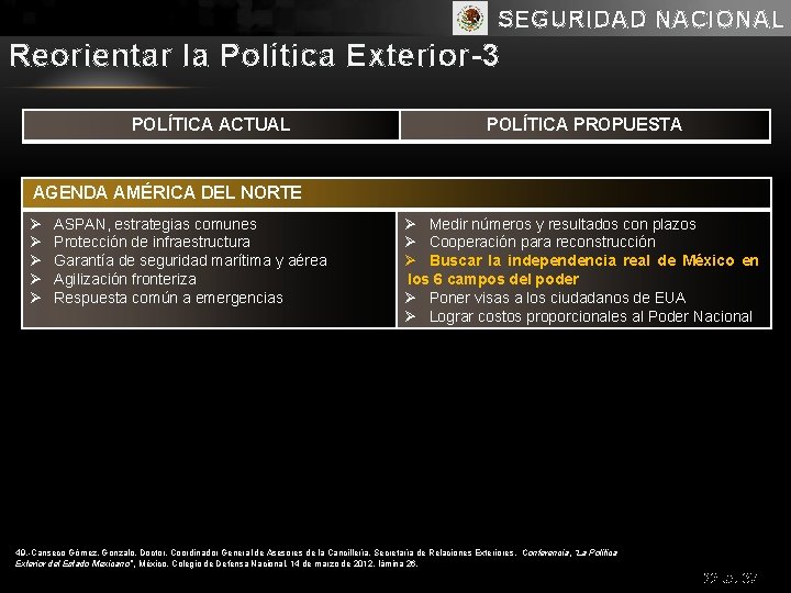 SEGURIDAD NACIONAL Reorientar la Política Exterior-3 POLÍTICA ACTUAL POLÍTICA PROPUESTA AGENDA AMÉRICA DEL NORTE