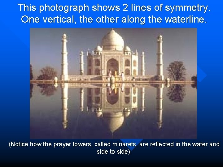 This photograph shows 2 lines of symmetry. One vertical, the other along the waterline.