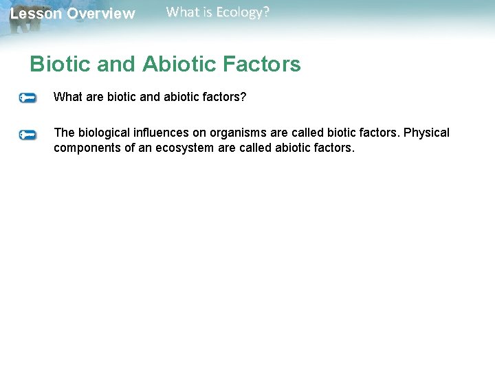 Lesson Overview What is Ecology? Biotic and Abiotic Factors What are biotic and abiotic