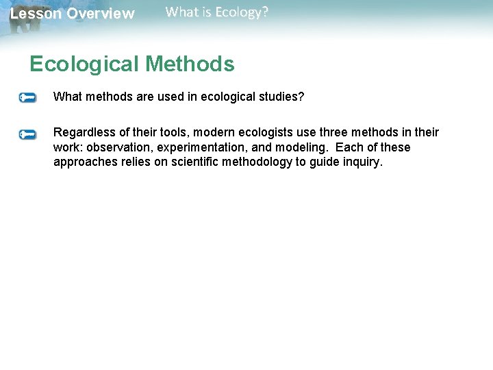 Lesson Overview What is Ecology? Ecological Methods What methods are used in ecological studies?