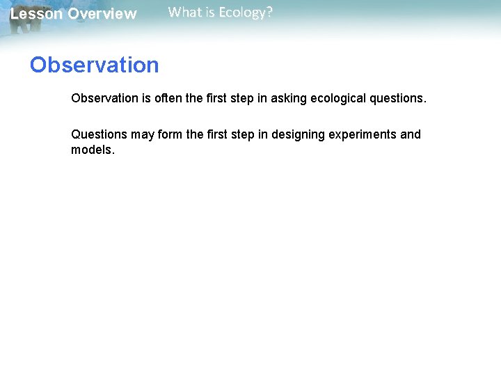 Lesson Overview What is Ecology? Observation is often the first step in asking ecological