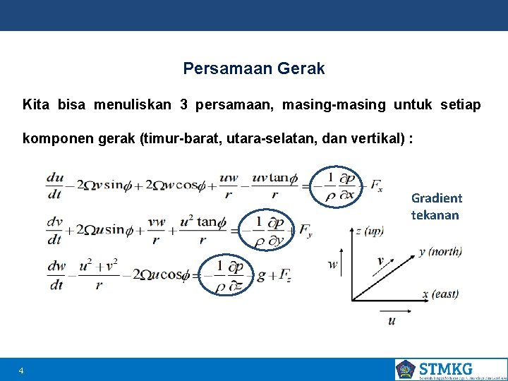 Persamaan Gerak Kita bisa menuliskan 3 persamaan, masing-masing untuk setiap komponen gerak (timur-barat, utara-selatan,