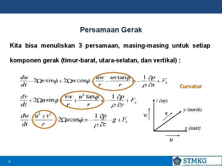 Persamaan Gerak Kita bisa menuliskan 3 persamaan, masing-masing untuk setiap komponen gerak (timur-barat, utara-selatan,