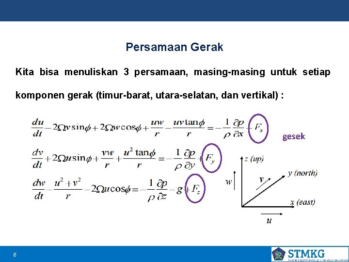 Persamaan Gerak Kita bisa menuliskan 3 persamaan, masing-masing untuk setiap komponen gerak (timur-barat, utara-selatan,