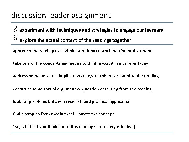 discussion leader assignment experiment with techniques and strategies to engage our learners explore the