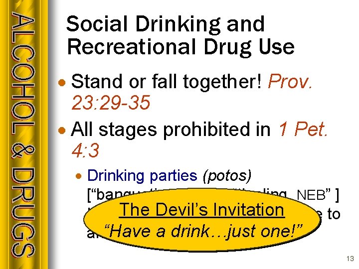 Social Drinking and Recreational Drug Use · Stand or fall together! Prov. 23: 29