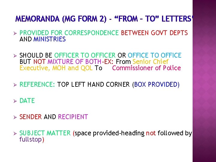 MEMORANDA (MG FORM 2) - “FROM – TO” LETTERS’ Ø PROVIDED FOR CORRESPONDENCE BETWEEN MEMORANDA (MG FORM 2) - “FROM – TO” LETTERS’ Ø PROVIDED FOR CORRESPONDENCE BETWEEN