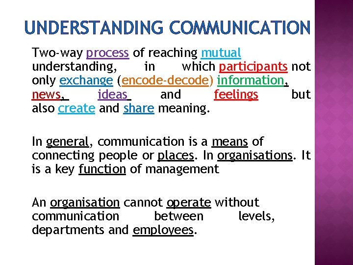 UNDERSTANDING COMMUNICATION Two-way process of reaching mutual understanding, in which participants not only exchange UNDERSTANDING COMMUNICATION Two-way process of reaching mutual understanding, in which participants not only exchange