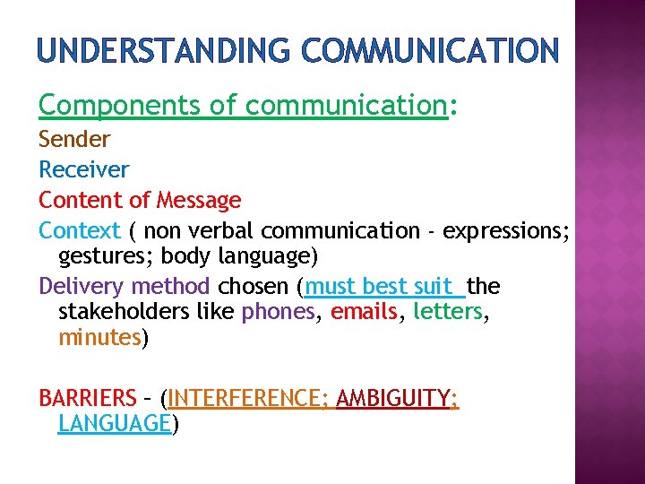 UNDERSTANDING COMMUNICATION Components of communication: Sender Receiver Content of Message Context ( non verbal UNDERSTANDING COMMUNICATION Components of communication: Sender Receiver Content of Message Context ( non verbal
