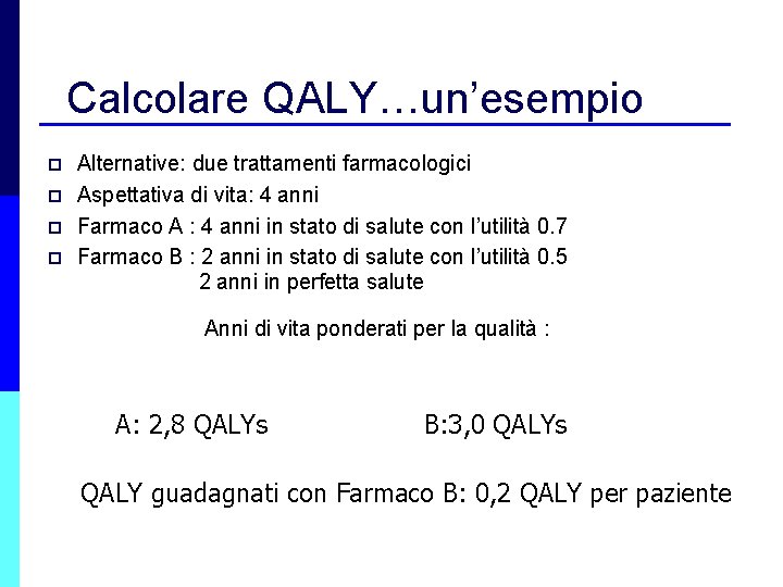 Calcolare QALY…un’esempio p p Alternative: due trattamenti farmacologici Aspettativa di vita: 4 anni Farmaco