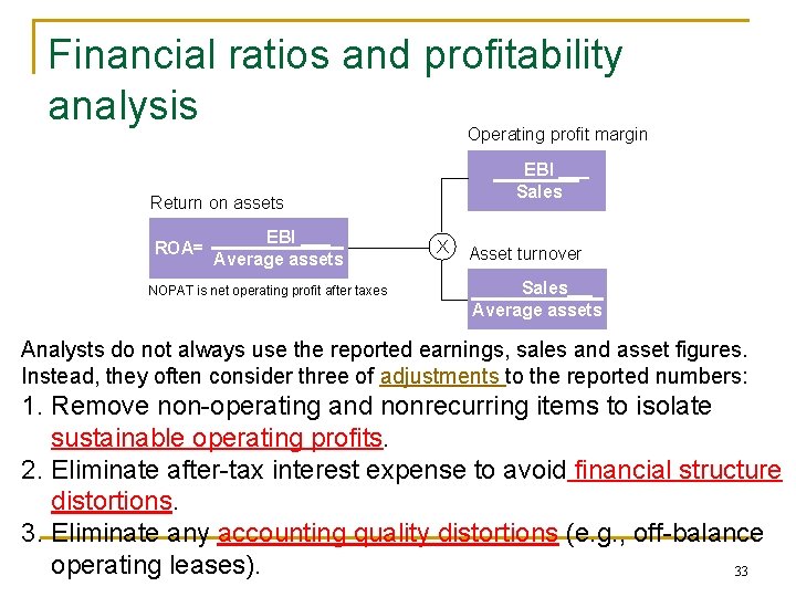 Financial ratios and profitability analysis Operating profit margin EBI Sales Return on assets ROA=