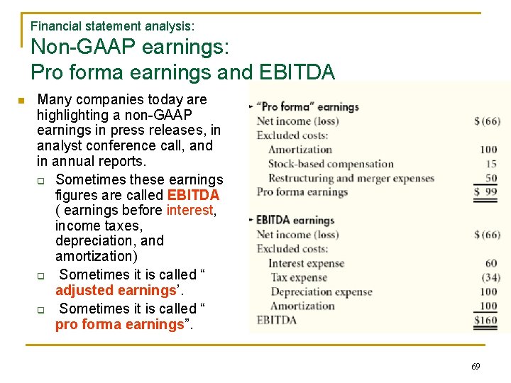 Financial statement analysis: Non-GAAP earnings: Pro forma earnings and EBITDA n Many companies today