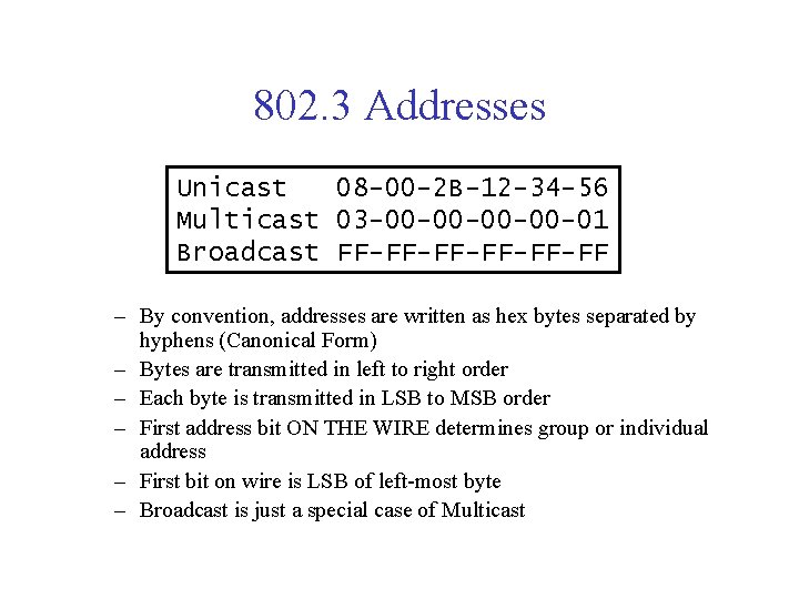802. 3 Addresses Unicast 08 -00 -2 B-12 -34 -56 Multicast 03 -00 -00 802. 3 Addresses Unicast 08 -00 -2 B-12 -34 -56 Multicast 03 -00 -00
