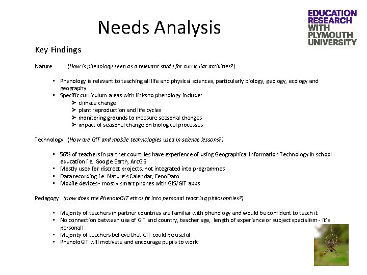 Needs Analysis Key Findings Nature (How is phenology seen as a relevant study for