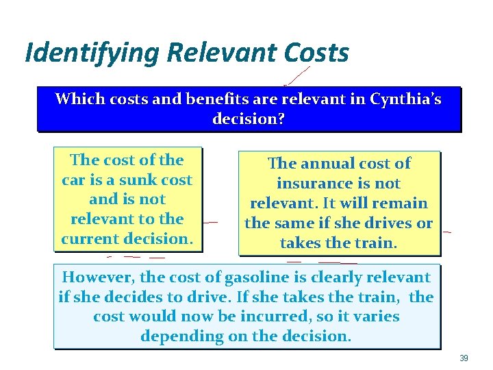 Identifying Relevant Costs Which costs and benefits are relevant in Cynthia’s decision? The cost