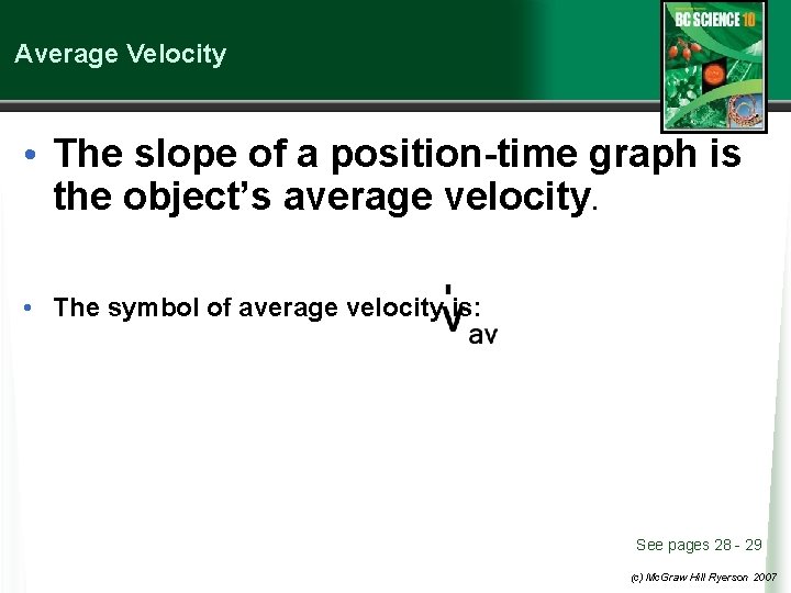 Average Velocity • The slope of a position-time graph is the object’s average velocity.