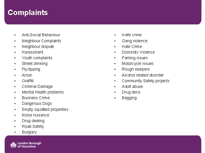 Complaints • • • • • Anti-Social Behaviour Neighbour Complaints Neighbour dispute Harassment Youth