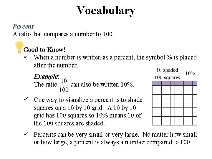 Vocabulary Percent A ratio that compares a number to 100. Good to Know! When