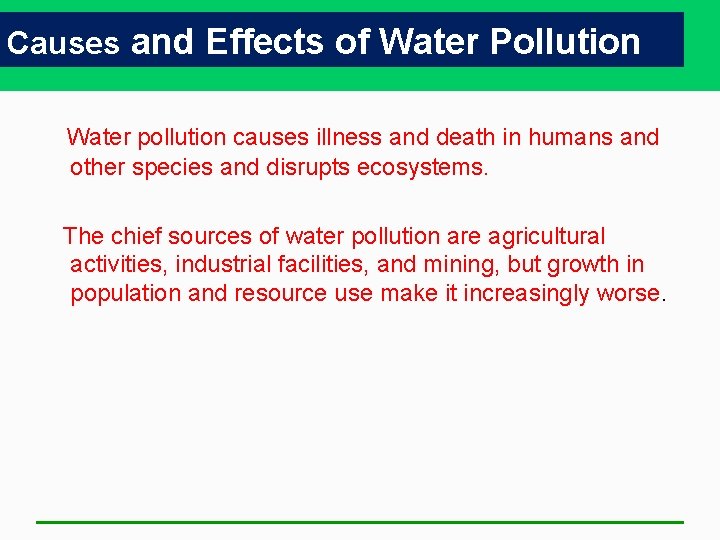 Causes and Effects of Water Pollution Water pollution causes illness and death in humans Causes and Effects of Water Pollution Water pollution causes illness and death in humans