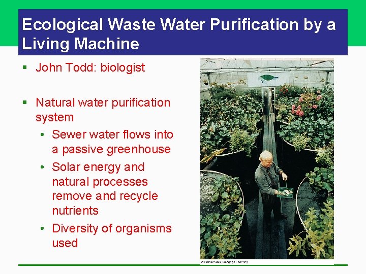 Ecological Waste Water Purification by a Living Machine § John Todd: biologist § Natural Ecological Waste Water Purification by a Living Machine § John Todd: biologist § Natural