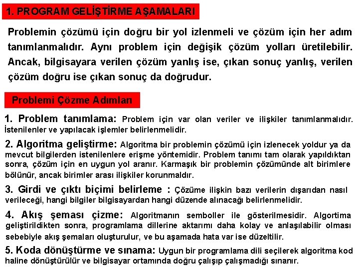 1. PROGRAM GELİŞTİRME AŞAMALARI Problemin çözümü için doğru bir yol izlenmeli ve çözüm için