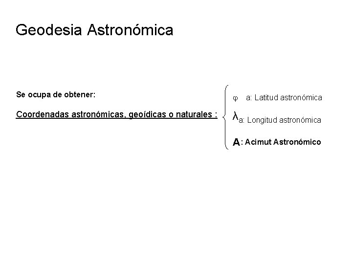 Geodesia Astronómica Se ocupa de obtener: Coordenadas astronómicas, geoídicas o naturales : λa: Longitud
