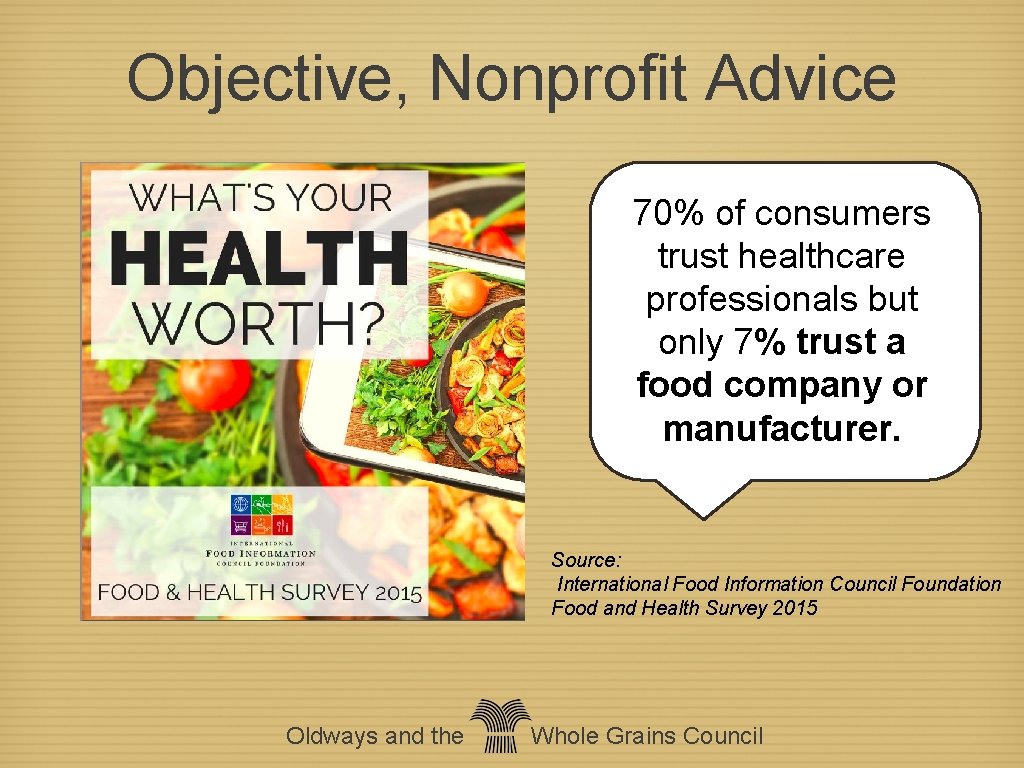 Objective, Nonprofit Advice 70% of consumers trust healthcare professionals but only 7% trust a