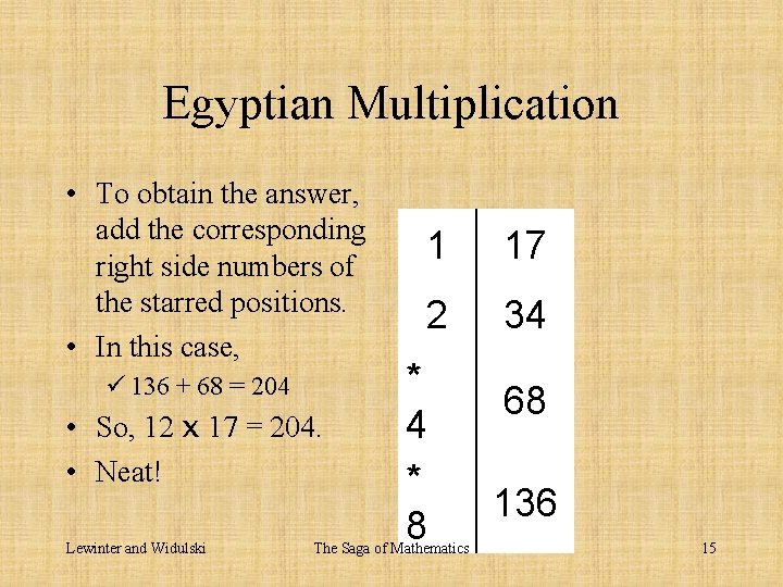 Egyptian Multiplication • To obtain the answer, add the corresponding right side numbers of