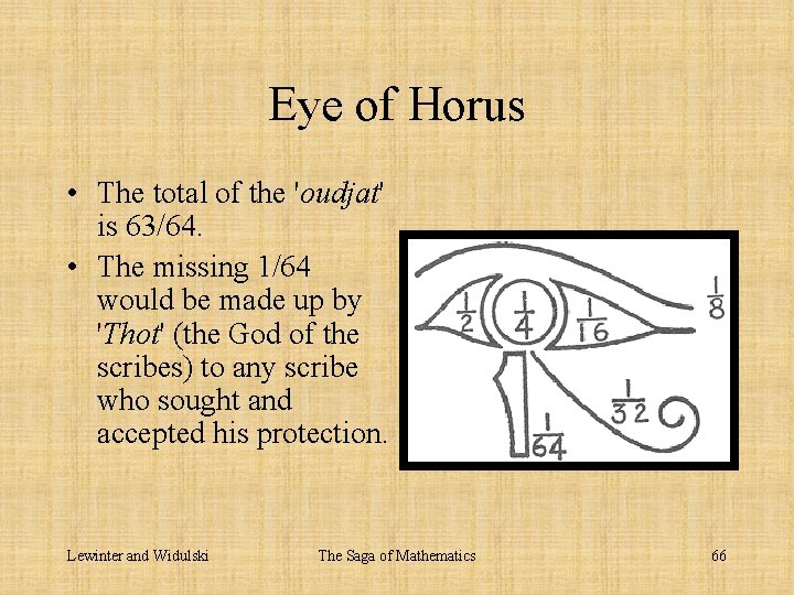 Eye of Horus • The total of the 'oudjat' is 63/64. • The missing