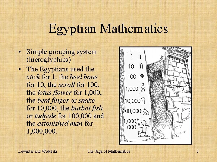 Egyptian Mathematics • Simple grouping system (hieroglyphics) • The Egyptians used the stick for