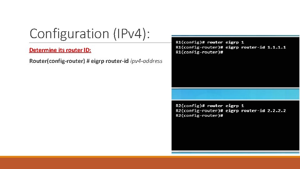 Configuration (IPv 4): Determine its router ID: Router(config-router) # eigrp router-id ipv 4 -address Configuration (IPv 4): Determine its router ID: Router(config-router) # eigrp router-id ipv 4 -address