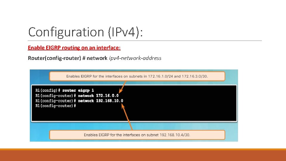Configuration (IPv 4): Enable EIGRP routing on an interface: Router(config-router) # network ipv 4 Configuration (IPv 4): Enable EIGRP routing on an interface: Router(config-router) # network ipv 4