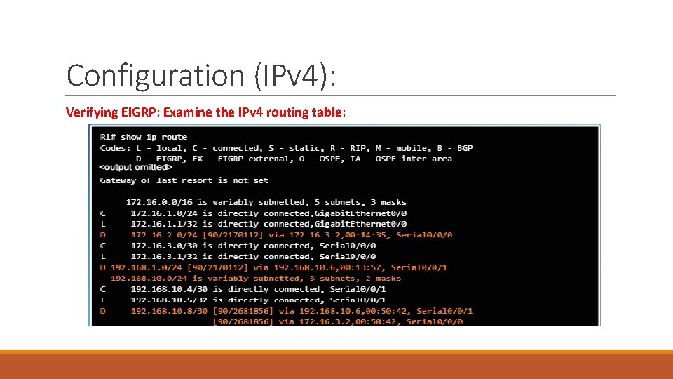 Configuration (IPv 4): Verifying EIGRP: Examine the IPv 4 routing table: Configuration (IPv 4): Verifying EIGRP: Examine the IPv 4 routing table: