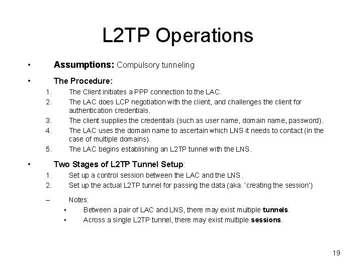 L 2 TP Operations • Assumptions: Compulsory tunneling • The Procedure: 1. 2. 3.