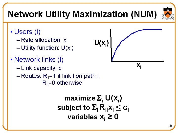 Network Utility Maximization (NUM) • Users (i) – Rate allocation: xi – Utility function: Network Utility Maximization (NUM) • Users (i) – Rate allocation: xi – Utility function:
