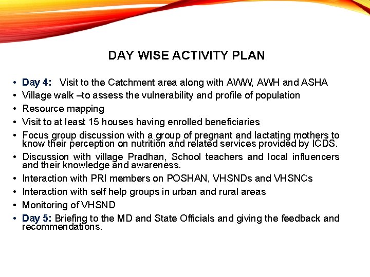 DAY WISE ACTIVITY PLAN • • • Day 4: Visit to the Catchment area DAY WISE ACTIVITY PLAN • • • Day 4: Visit to the Catchment area