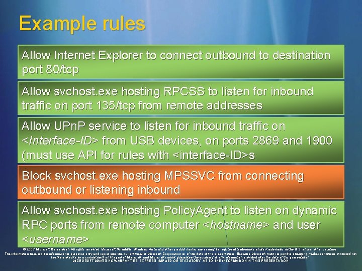 Example rules Allow Internet Explorer to connect outbound to destination port 80/tcp Allow svchost.