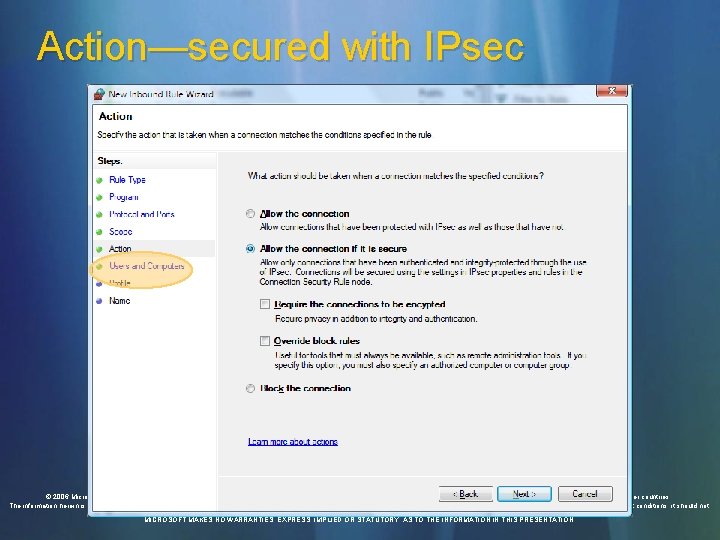 Action—secured with IPsec © 2006 Microsoft Corporation. All rights reserved. Microsoft, Windows Vista and