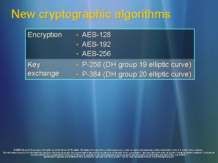 New cryptographic algorithms Encryption • AES-128 • AES-192 • AES-256 Key exchange • P-256
