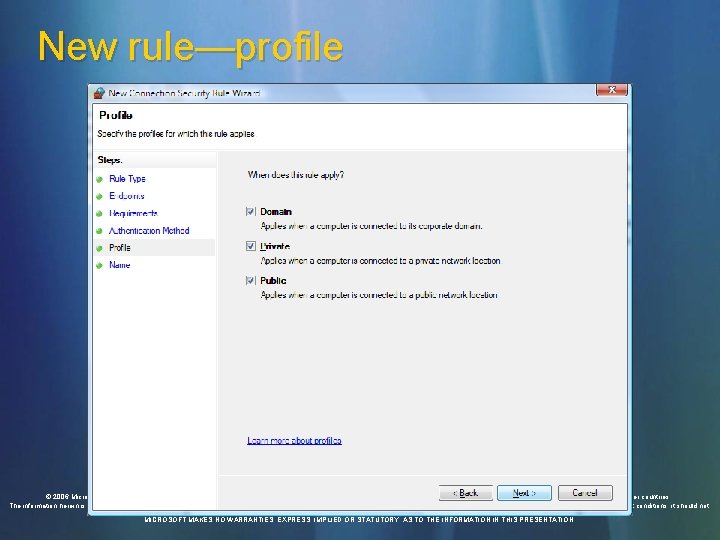 New rule—profile © 2006 Microsoft Corporation. All rights reserved. Microsoft, Windows Vista and other